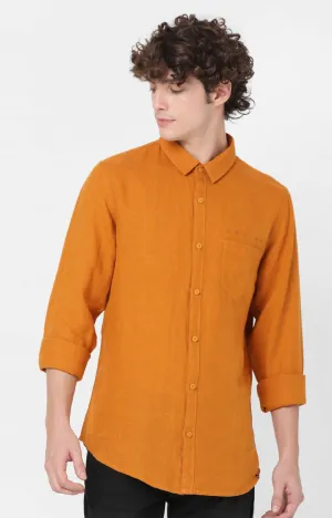 Spykar Slim Fit Orange Plain Full Sleeve Shirts For Men