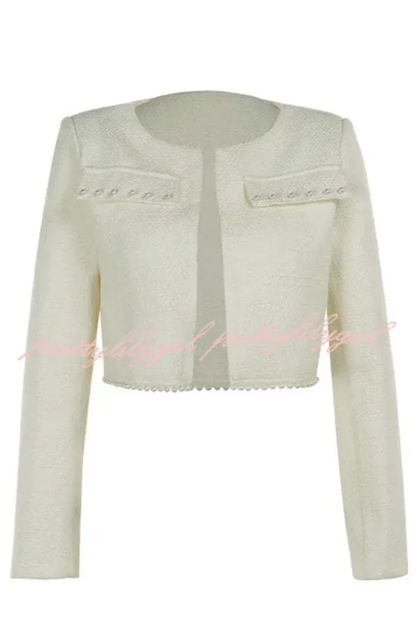 Stylish and Elegant Tweed Pearl-embellished Long-sleeved Jacket