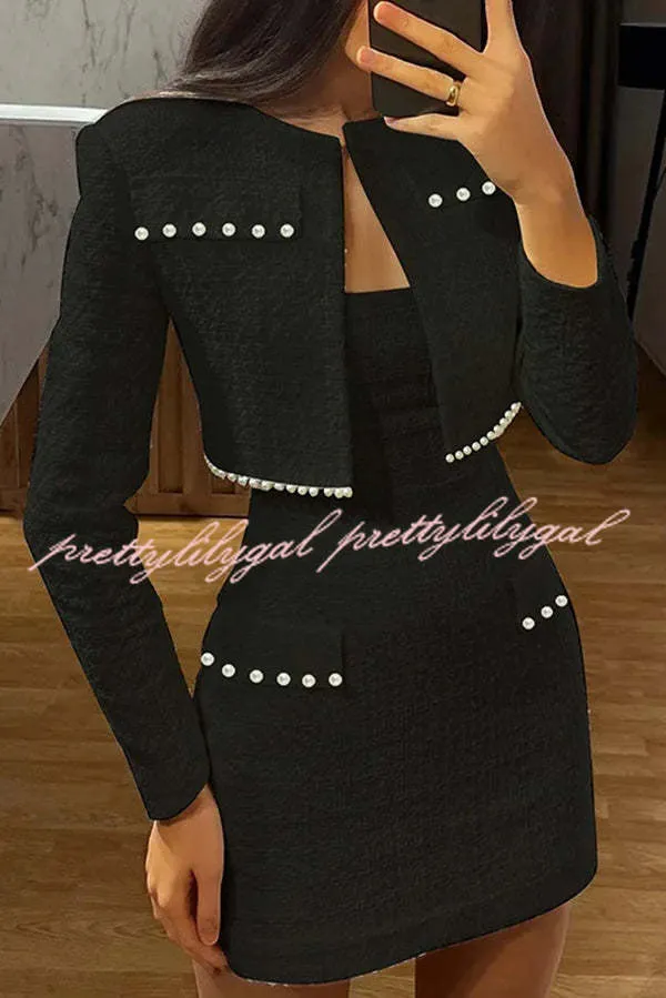 Stylish and Elegant Tweed Pearl-embellished Long-sleeved Jacket