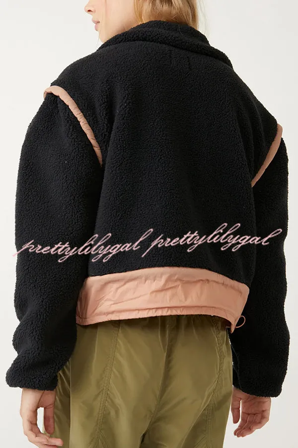 Stylish Patchwork Stand Collar Sherpa Zipper Jacket