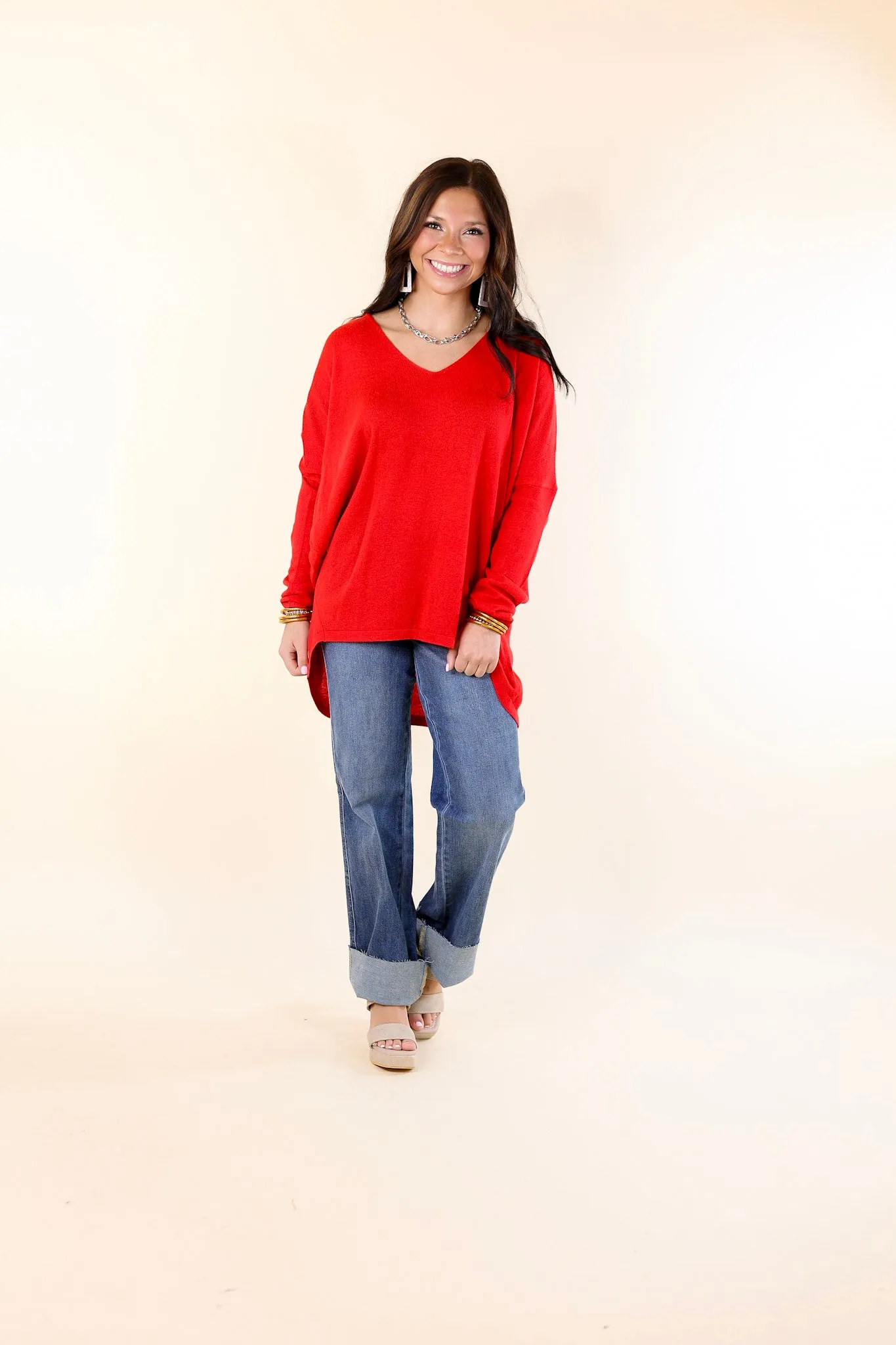 Sweater Weather Lightweight V Neck Sweater in Red