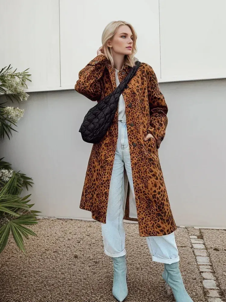 TAVIMART  -  Woman Coat Long Sleeves Hidden Buckle Leopard Print Lapel Loose Long Overcoat Vintage Pocket Female Coats Street Trench