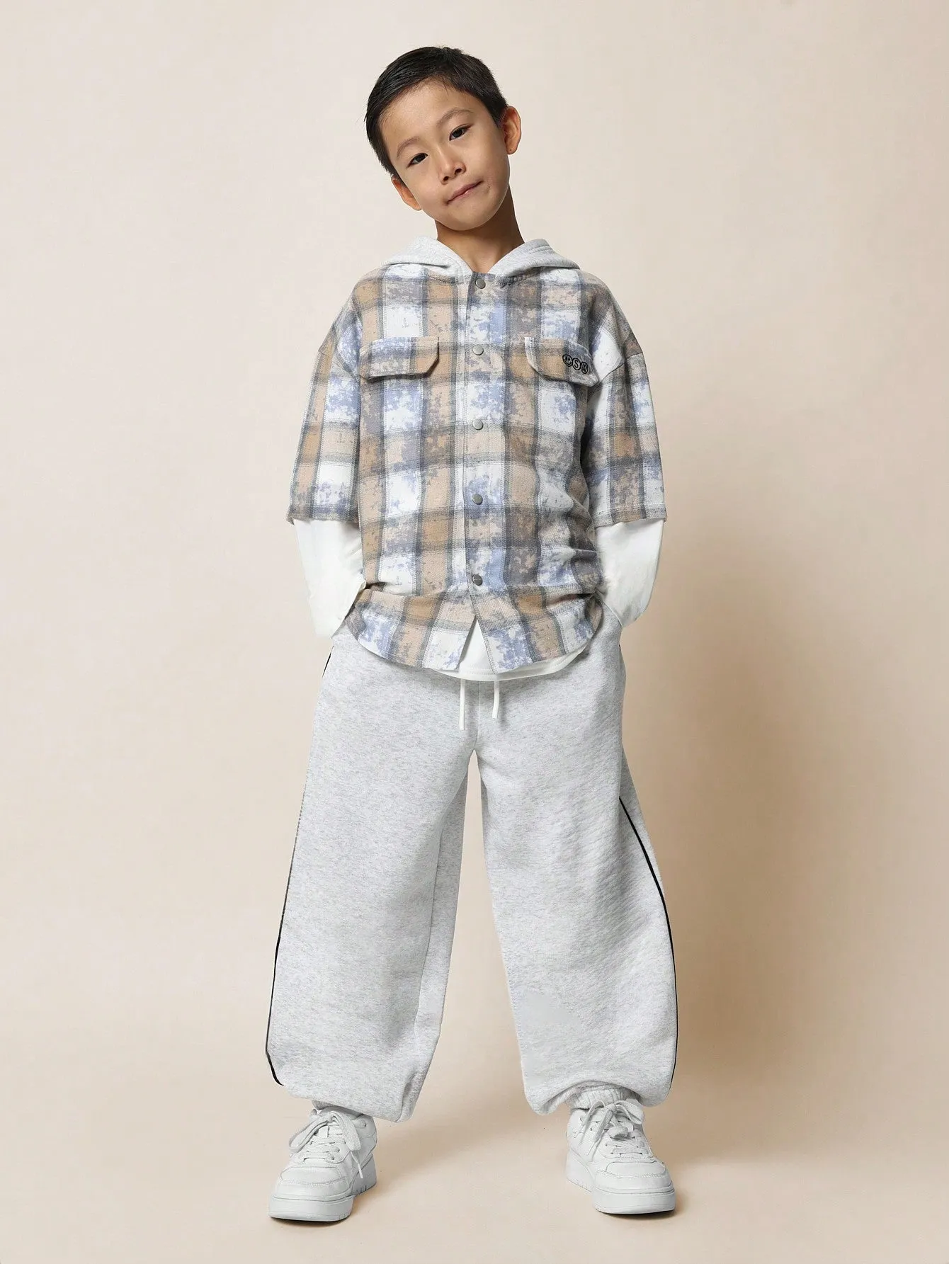 Tween Boys Comfy Mock Layer Check Shirt With Hood & Embroidery And Jogger 2 Piece Set