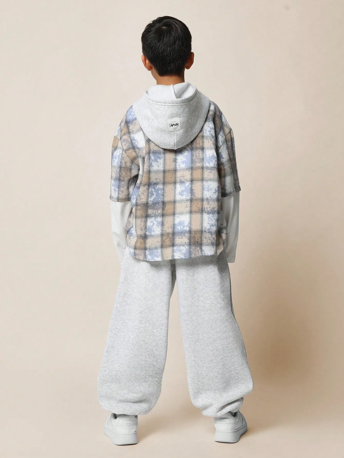 Tween Boys Comfy Mock Layer Check Shirt With Hood & Embroidery And Jogger 2 Piece Set