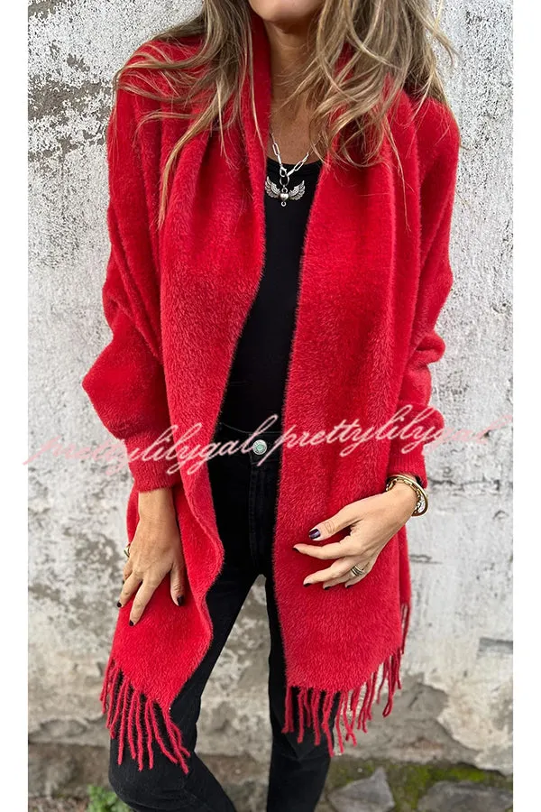 Warm Corner Knit Plush Tassel Trim Relaxed Shawl Cardigan