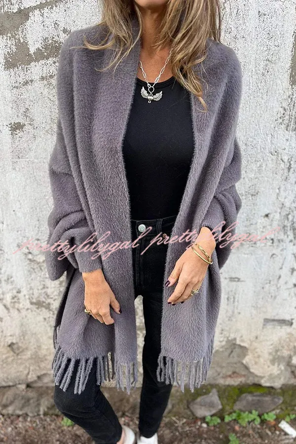 Warm Corner Knit Plush Tassel Trim Relaxed Shawl Cardigan