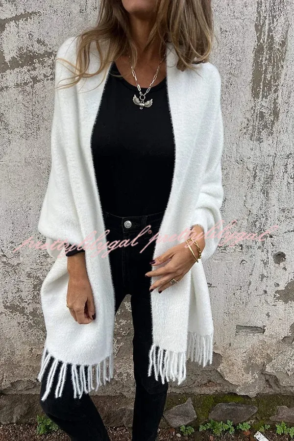 Warm Corner Knit Plush Tassel Trim Relaxed Shawl Cardigan