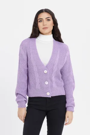 Women Lilac Knitted Cropped Cardigan