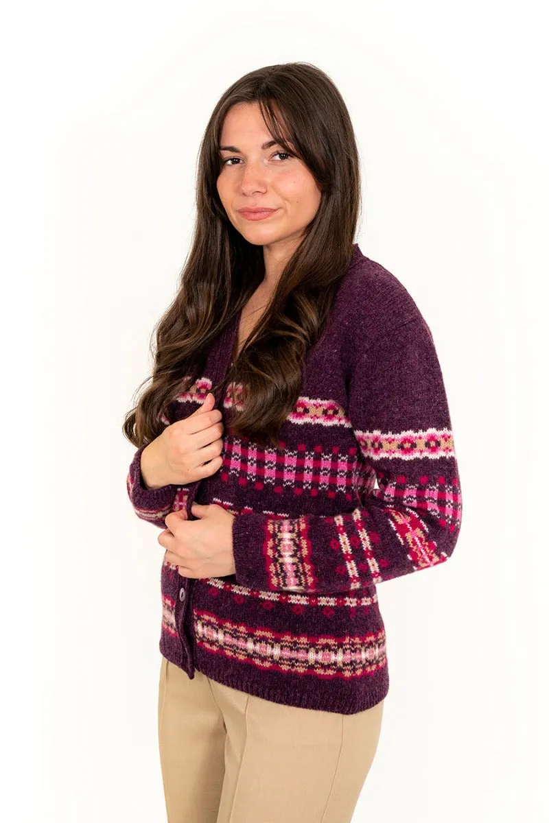 Womens Craigievar V-neck Fair isle Cardigan - Aubergine