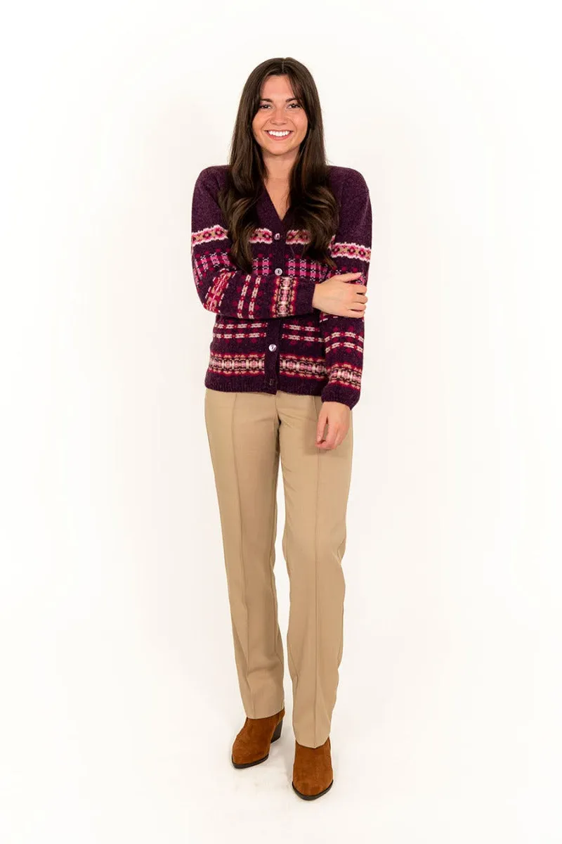 Womens Craigievar V-neck Fair isle Cardigan - Aubergine