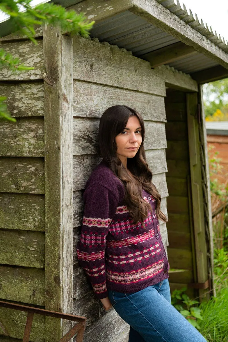 Womens Craigievar V-neck Fair isle Cardigan - Aubergine