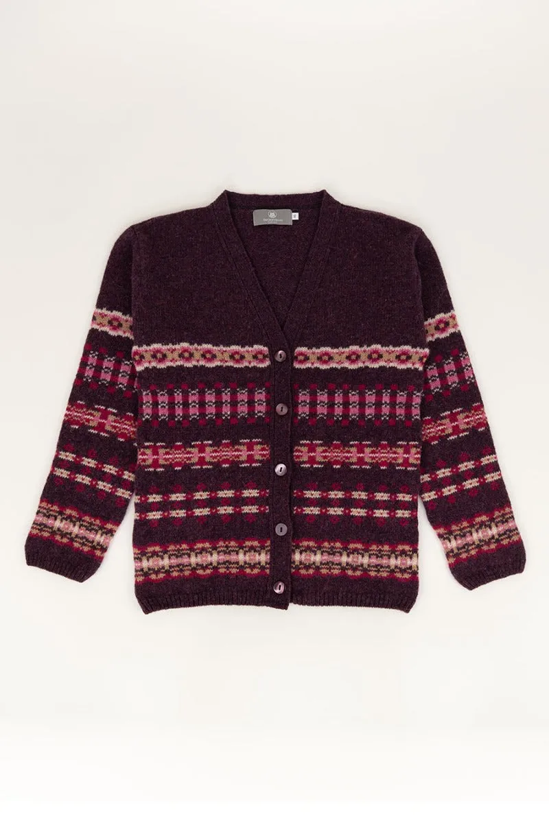 Womens Craigievar V-neck Fair isle Cardigan - Aubergine