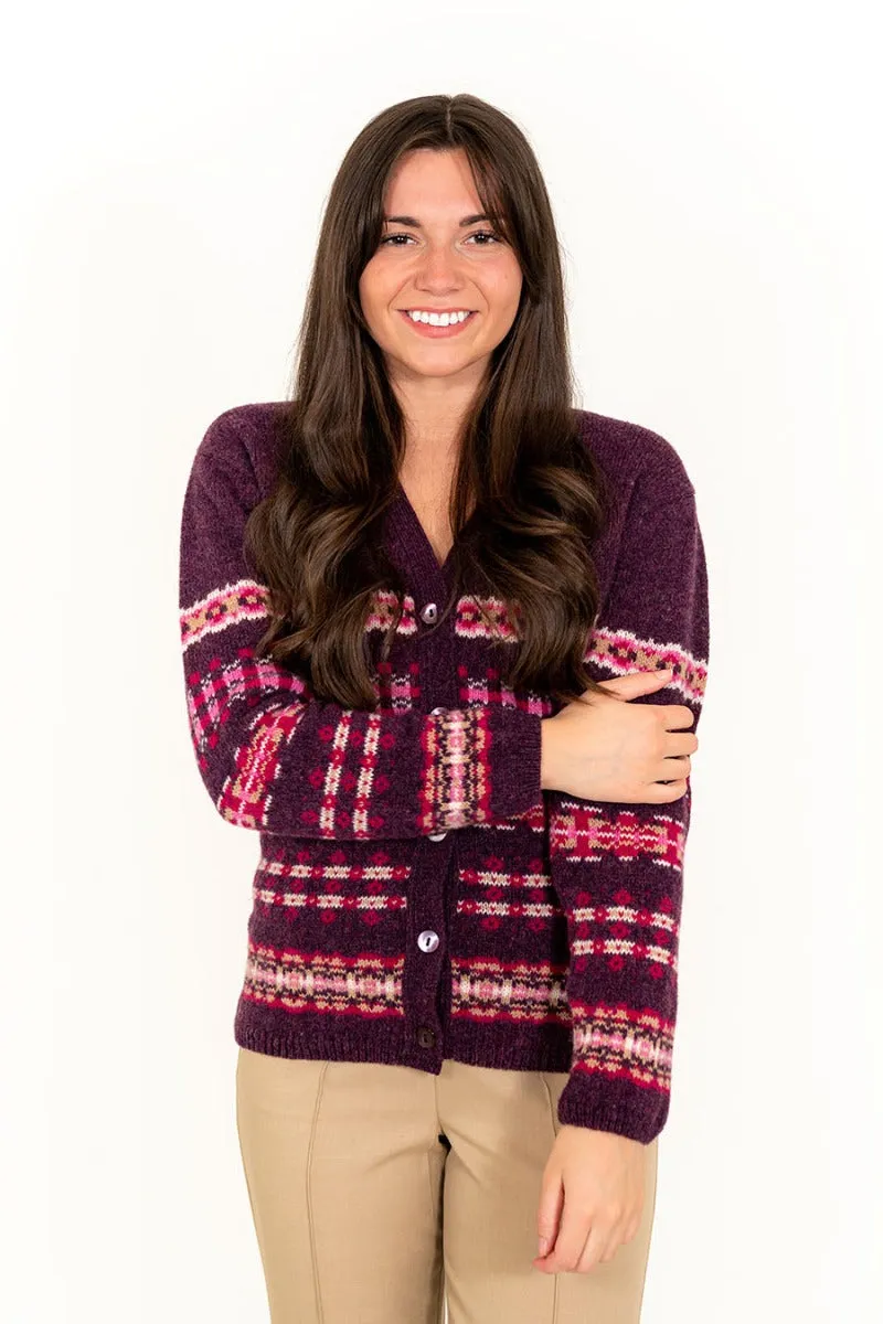 Womens Craigievar V-neck Fair isle Cardigan - Aubergine