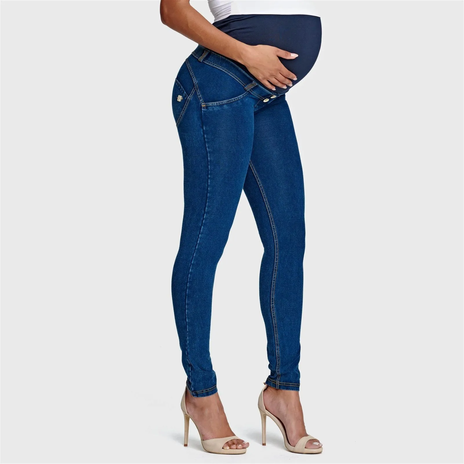 WR.UP® Maternity Denim - Full Length - Dark Blue   Yellow Stitching