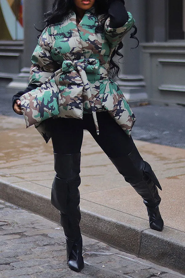 xiangtuibao Camouflage Stylish Belted Irregular Cotton-padded Coat